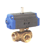 3 Way brass ball valve CW 617N, seals in PTFE+VITON, threaded F/F/F, full bore, T or L port, with actuator