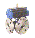 3 Way flanged polished ball valve from ingot, stainless steel AISI 304, full bore, T or L port, with actuator